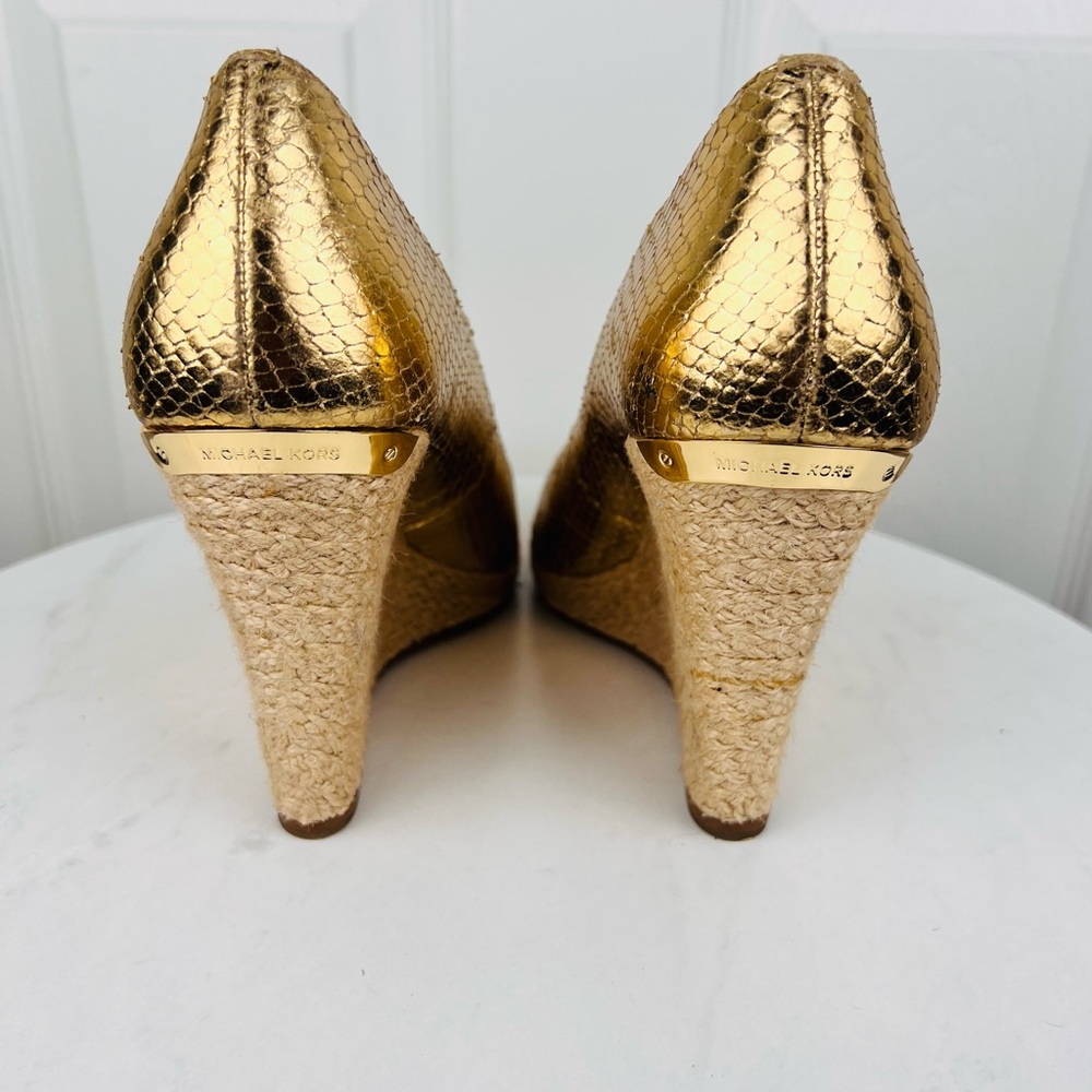 MICHAEL KORS Gold Leather Espadrille Wedge Slip On Peep Toes Pumps Shoes - Picture 9 of 11